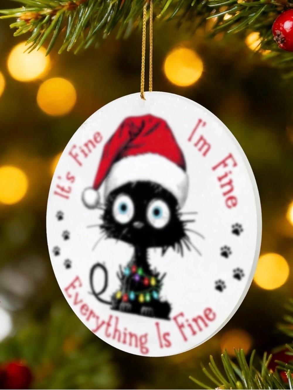 Holiday Black Cat Ornament with Red Santa Hat - A2